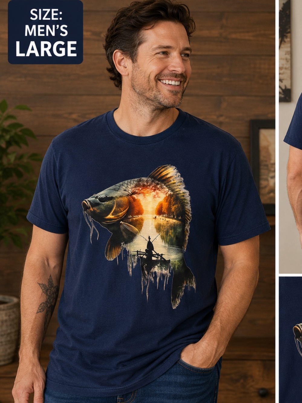 Hand Crafted navy blue Graphic Fishing Fish T-Shirt with Sunset Design LARGE